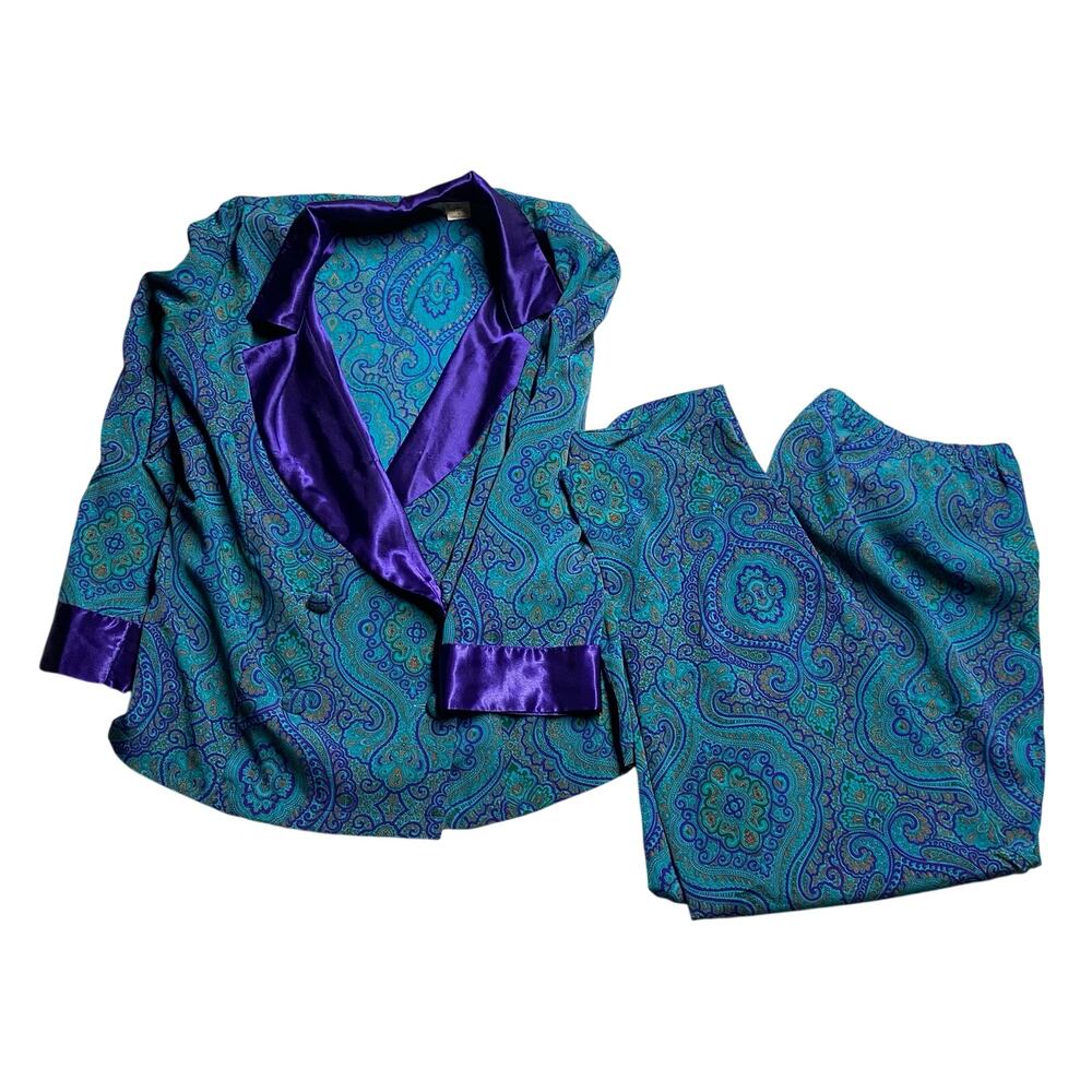 Victoria's Secret Vintage Gold Label Paisley Satin Pajama Shirt Pants Set Small